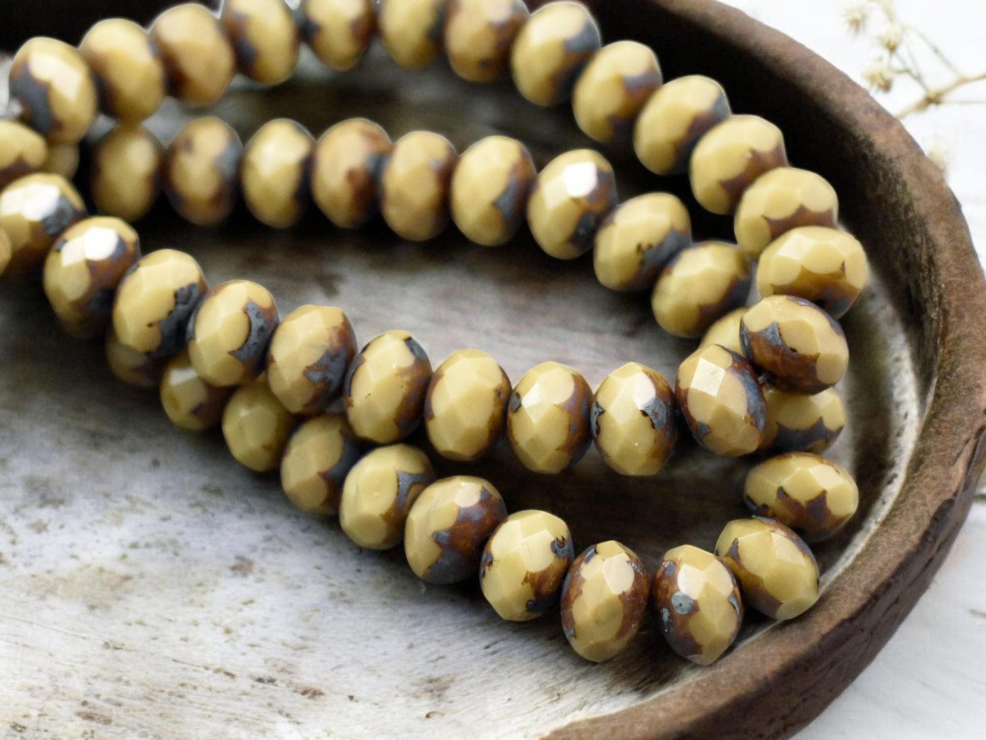 *25* 6x8mm Opaque Camel Beige Picasso Fire Polished Rondelle Beads