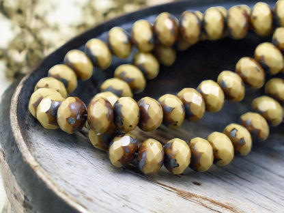 *25* 6x8mm Opaque Camel Beige Picasso Fire Polished Rondelle Beads