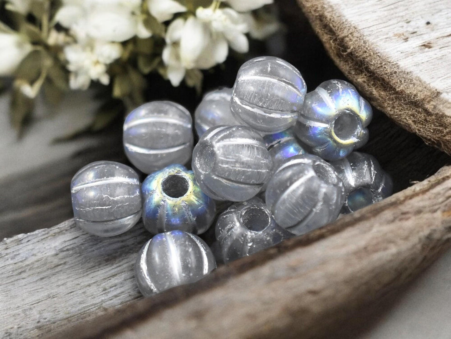 *20* 8mm Silver Washed Crystal AB Large Hole Melon Beads