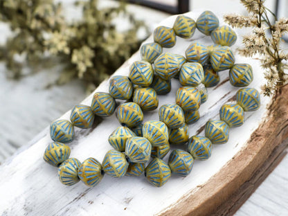 *15* 9mm Turquoise Washed Matte Honey Beige Picasso Large Hole Bicone Beads