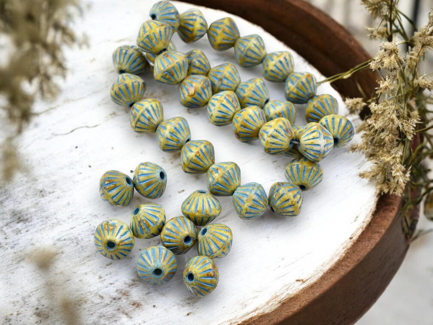 *15* 9mm Turquoise Washed Matte Honey Beige Picasso Large Hole Bicone Beads