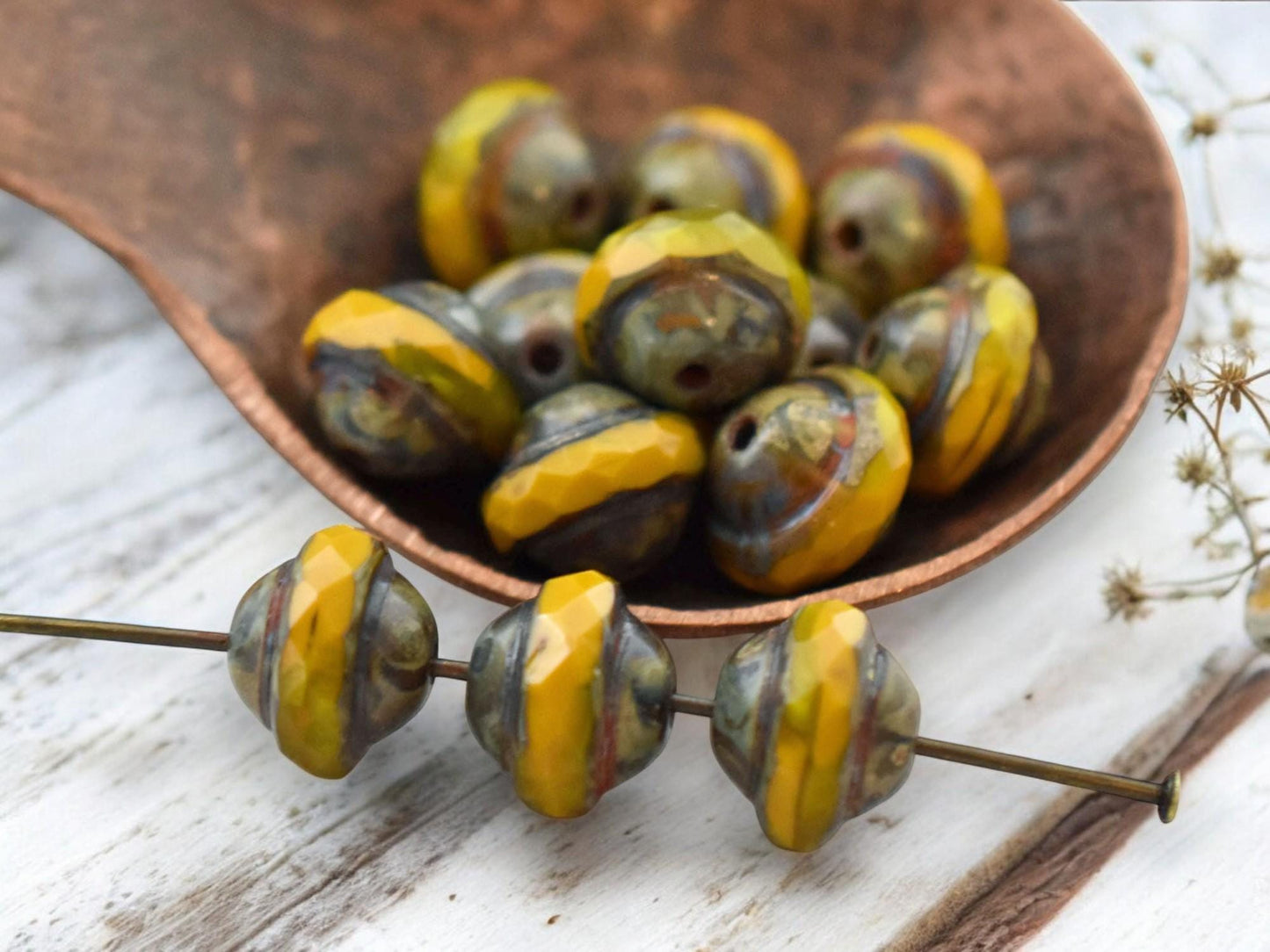 *10* 9x7mm Golden Mustard Opal Picasso Saturn Beads