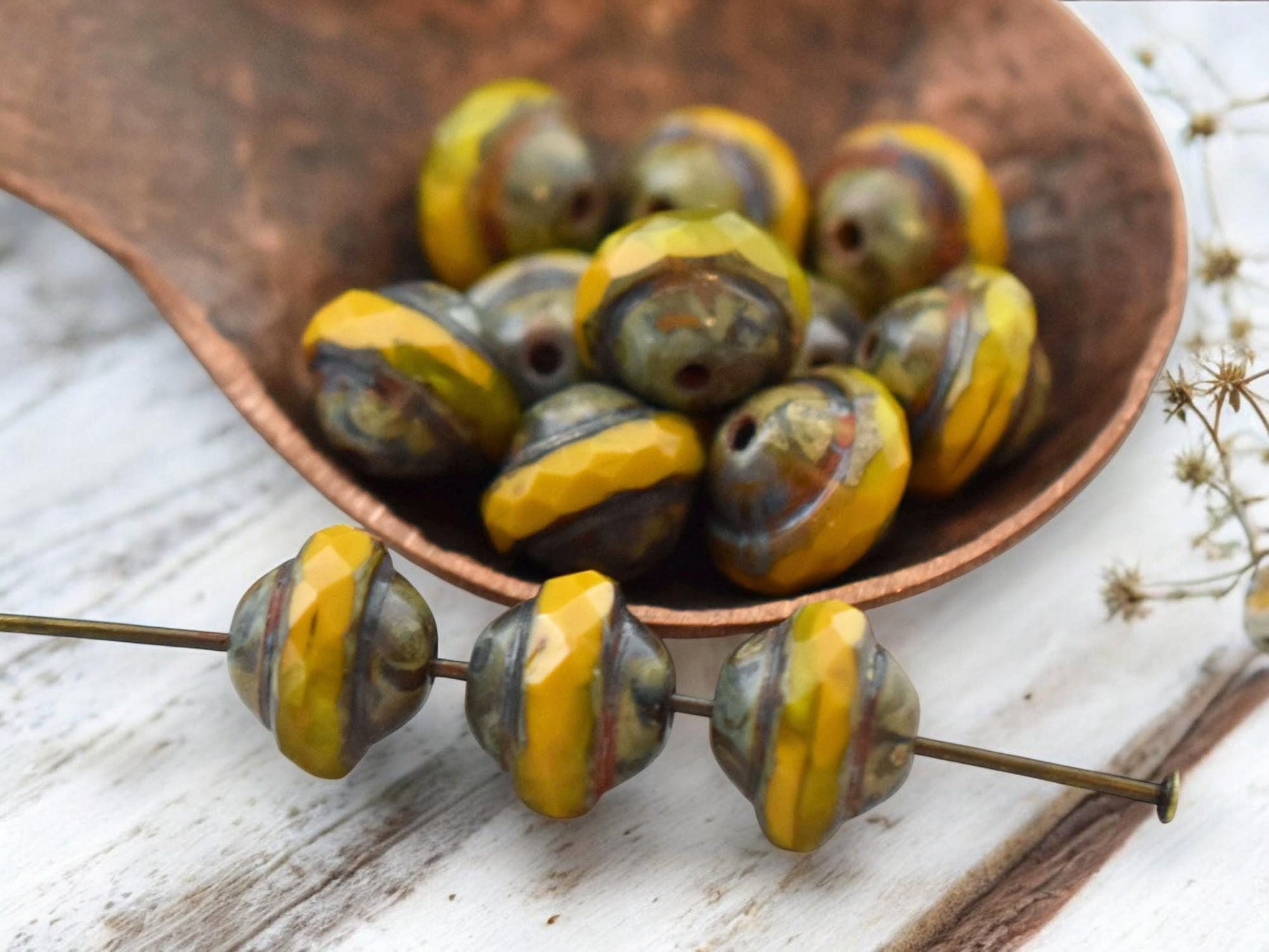 *10* 9x7mm Golden Mustard Opal Picasso Saturn Beads