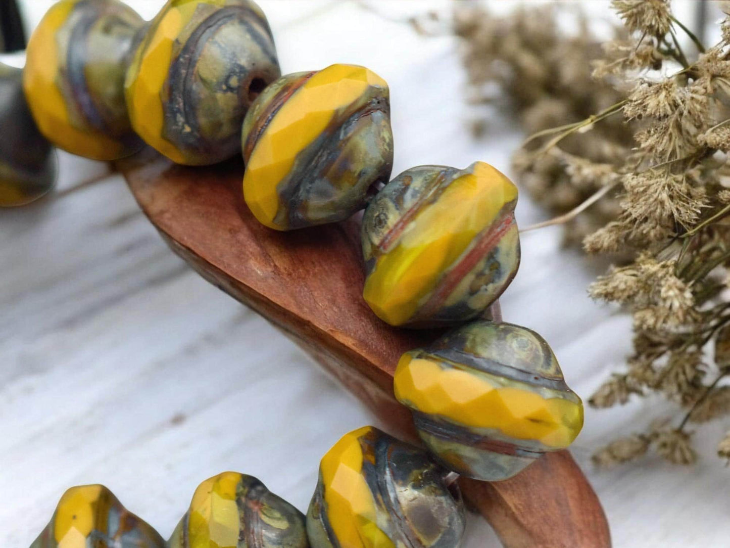 *10* 9x7mm Golden Mustard Opal Picasso Saturn Beads