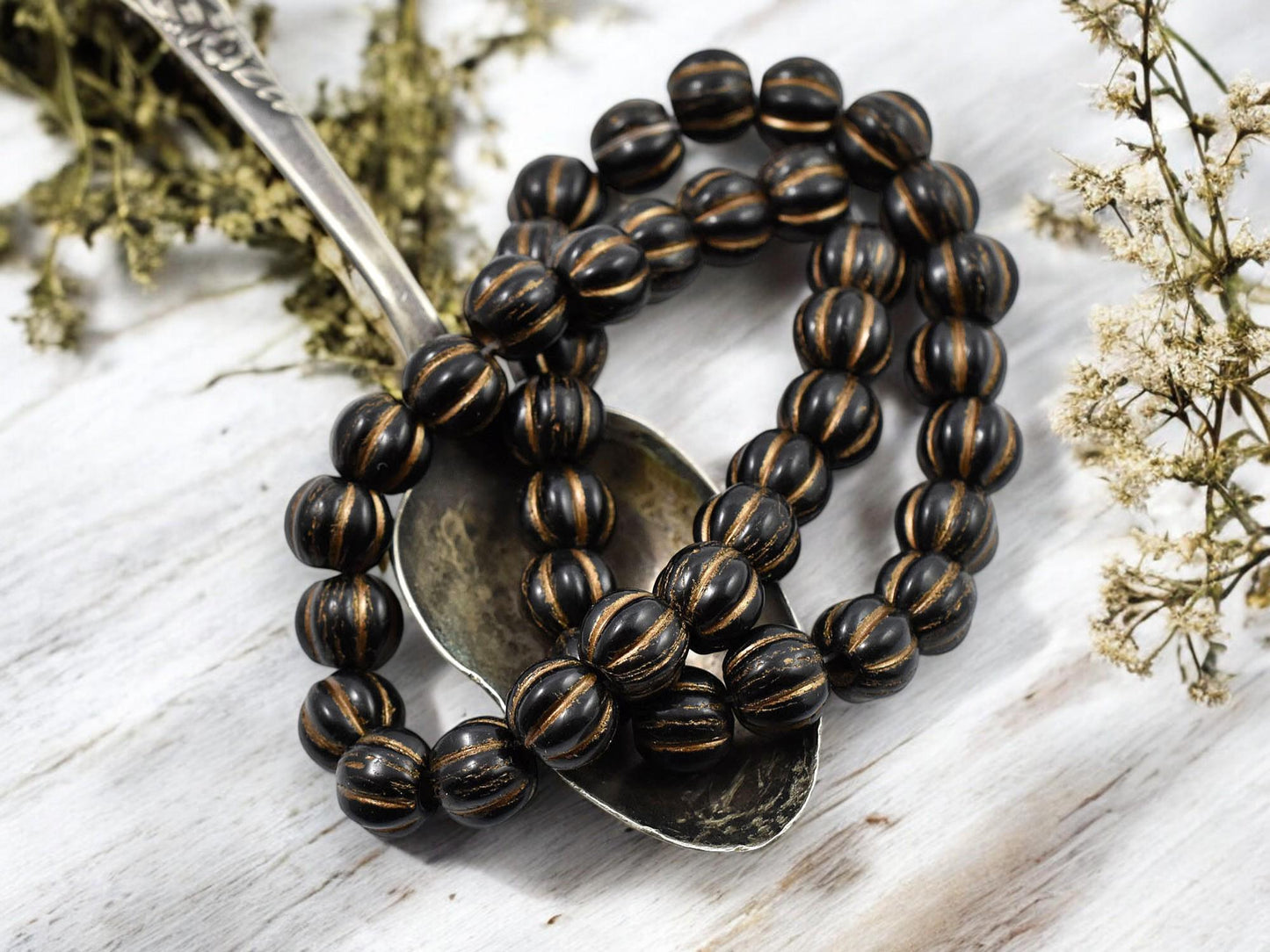 *20* 8mm Brown Washed Jet Black Large Hole Melon Beads