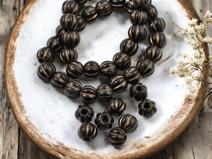*20* 8mm Brown Washed Jet Black Large Hole Melon Beads