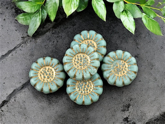 *12* 13mm Gold Washed Opaque Turquoise Sunflower Coin Beads