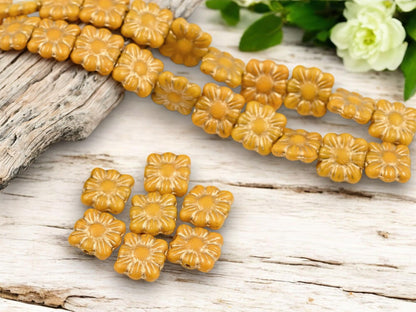 Picasso Beads - Czech Glass Beads - Flower Beads - Czech Glass Flowers - Square Flowers - 11mm Flower - 13pcs - (4027)