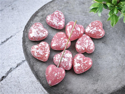 Pink Heart Beads - Czech Glass Beads - Czech Glass Heart - 14mm - 10pcs - (5563)