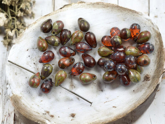 Picasso Beads - Czech Glass Beads - Teardrop Beads - Top Hole Tear Drop - 6x9mm - 25pcs - (1865)