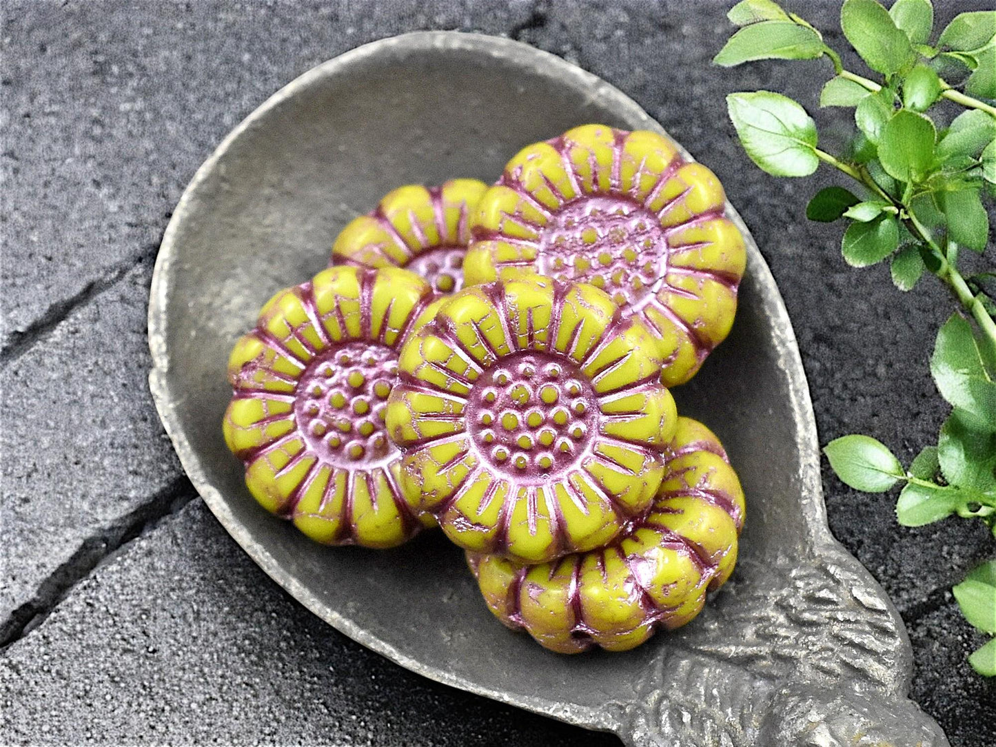 *12* 13mm Metallic Pink Washed Gaspeite Green Sunflower Coin Beads