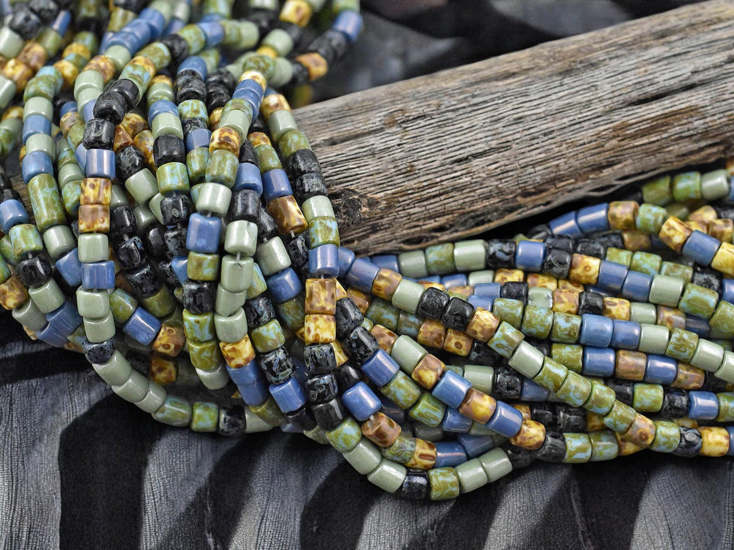 6/0 Aged Denim Turquoise Picasso Tube Seed Bead Mix (20" Strand)
