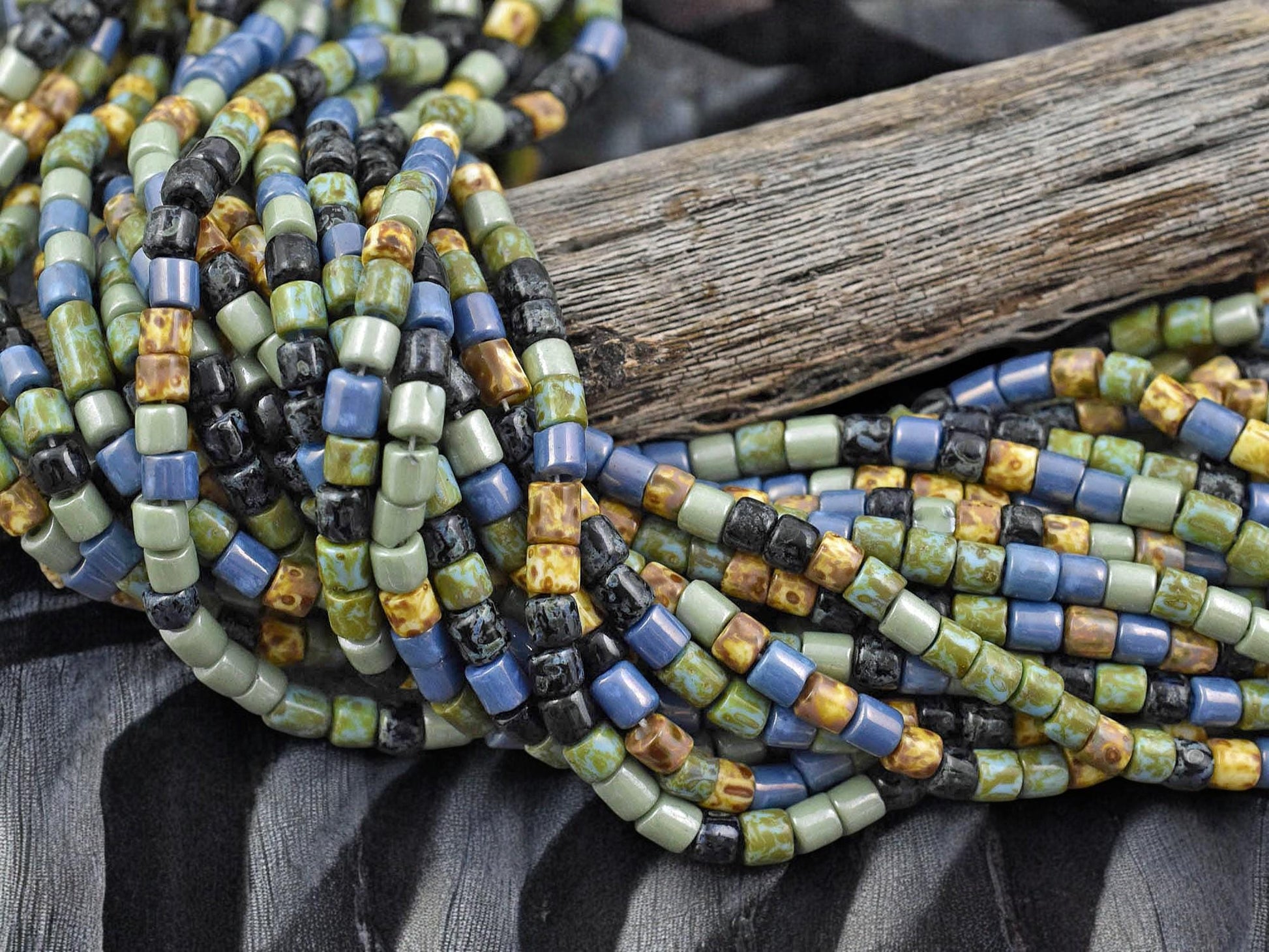 6/0 Aged Denim Turquoise Picasso Tube Seed Bead Mix (20" Strand)