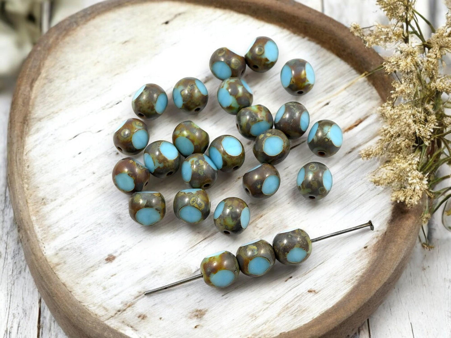 Czech Glass Beads - Picasso Beads - 3 Cut Round Beads - Old Stock Beads - 8mm - 25 Beads - (5277)