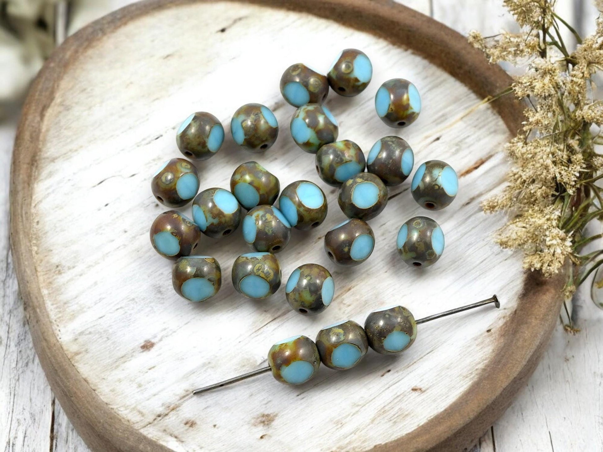 Czech Glass Beads - Picasso Beads - 3 Cut Round Beads - Old Stock Beads - 8mm - 25 Beads - (5277)