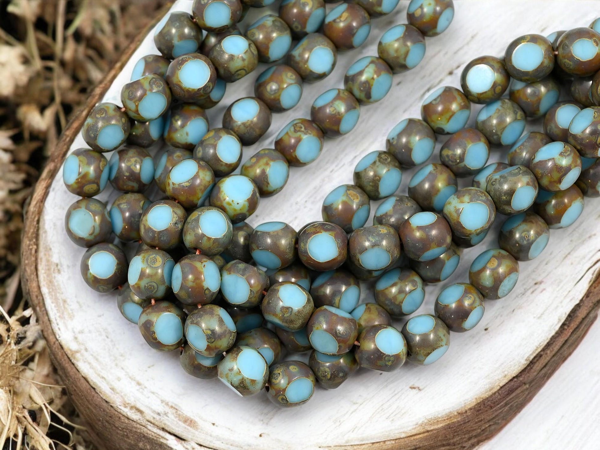 Czech Glass Beads - Picasso Beads - 3 Cut Round Beads - Old Stock Beads - 8mm - 25 Beads - (5277)