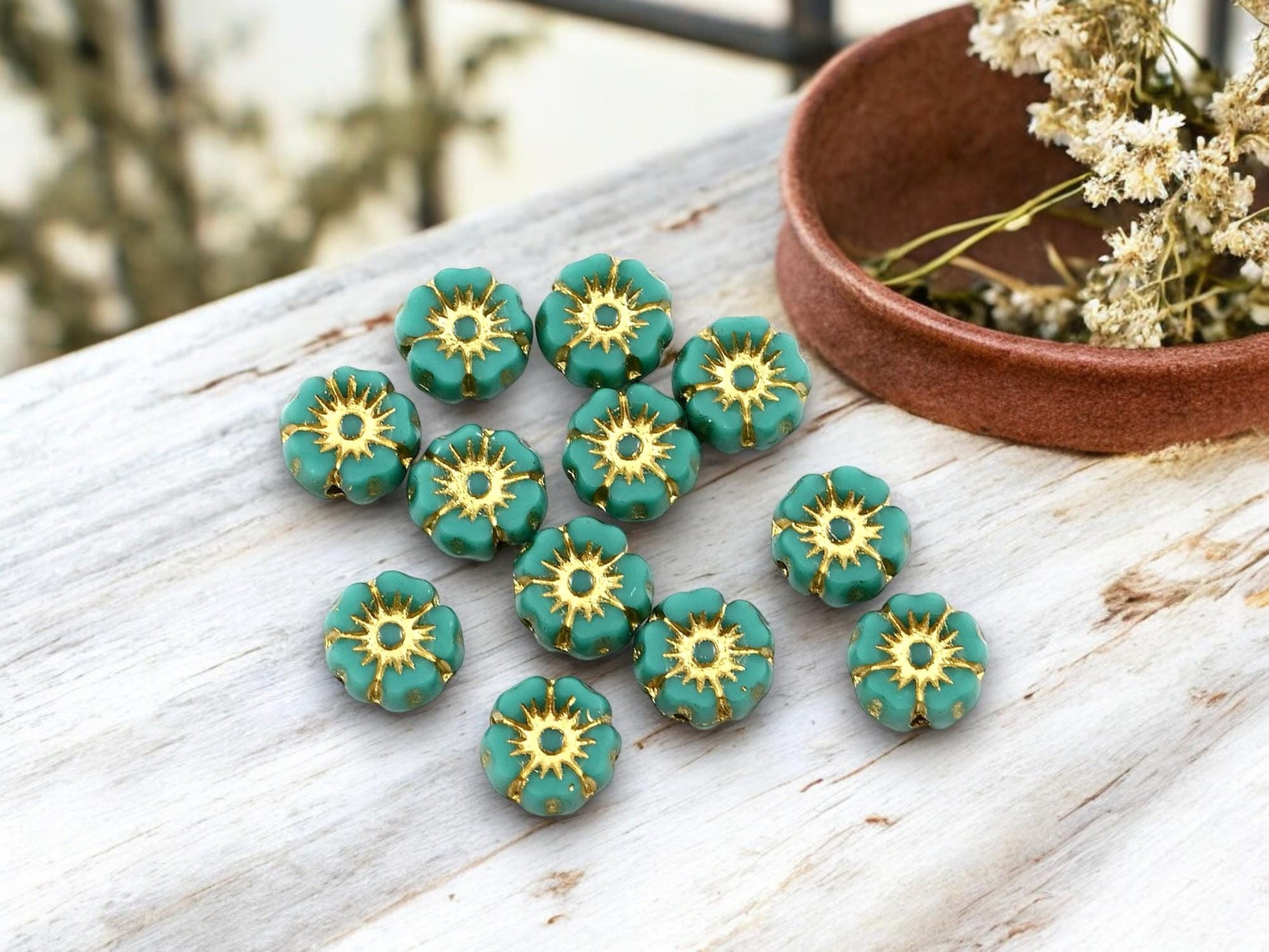 Czech Glass Beads - Floral Beads - Picasso Beads - Czech Glass Flowers - 7mm Hawaiian Flower Beads - 12pcs - (499)