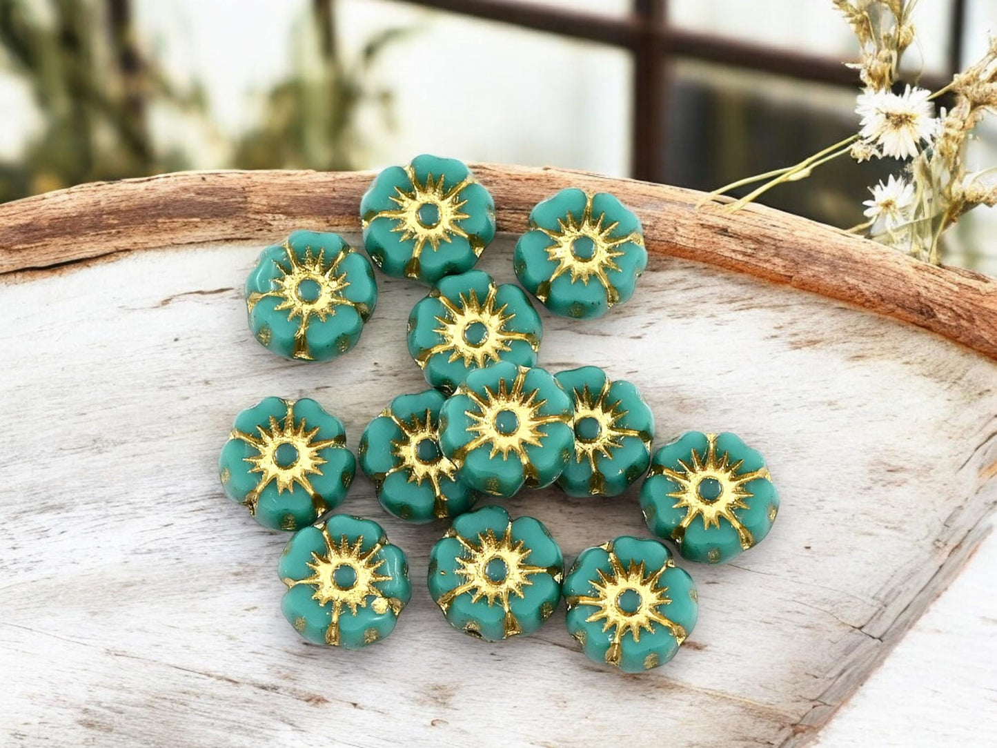 Czech Glass Beads - Floral Beads - Picasso Beads - Czech Glass Flowers - 7mm Hawaiian Flower Beads - 12pcs - (499)