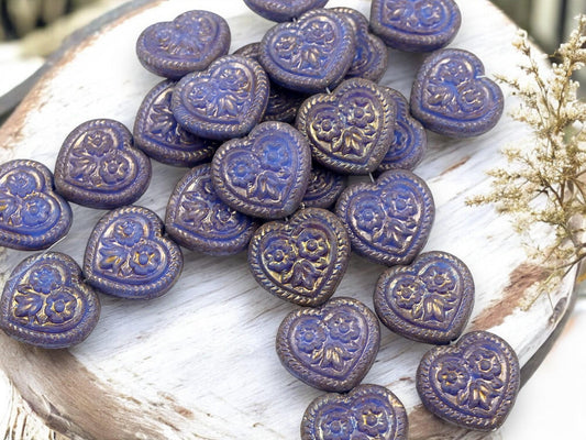 Heart Beads - Czech Glass Beads - Floral Heart Beads - Purple Beads - 17mm - 6pcs - (2446)