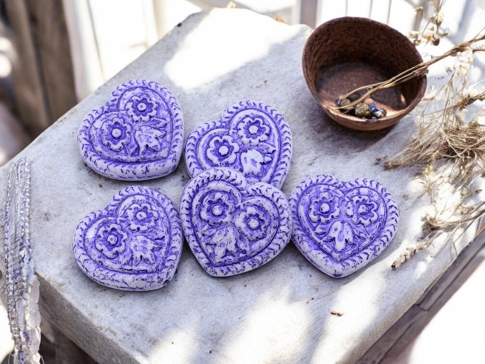 Heart Beads - Czech Glass Beads - Floral Heart Beads - Purple Beads - 17mm - 6pcs - (1205)