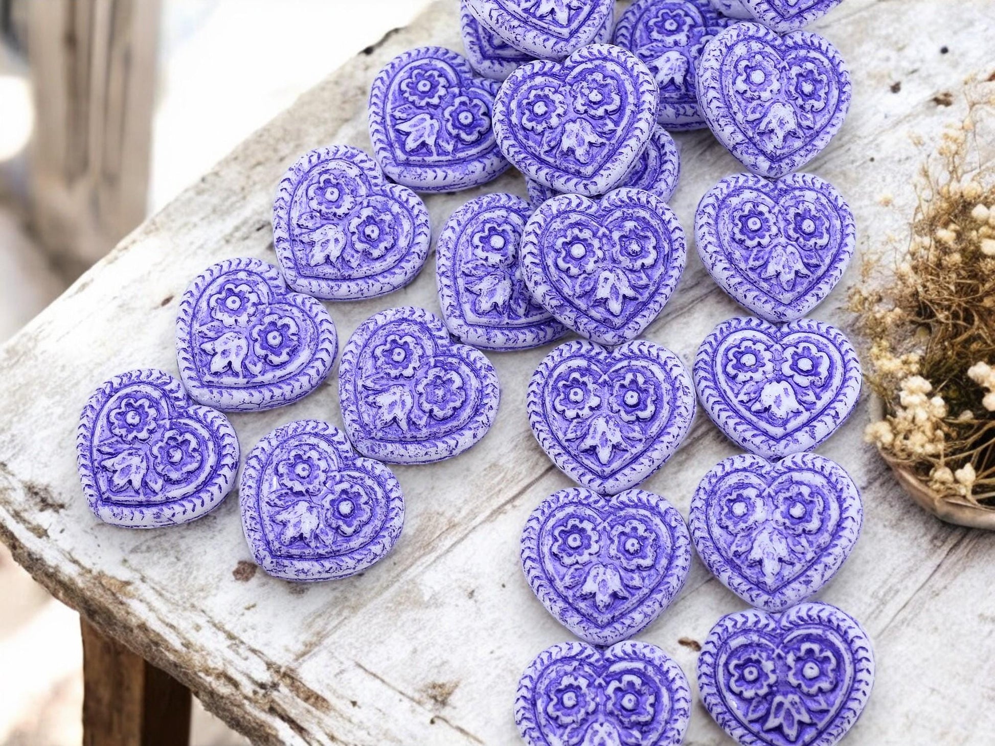 Heart Beads - Czech Glass Beads - Floral Heart Beads - Purple Beads - 17mm - 6pcs - (1205)