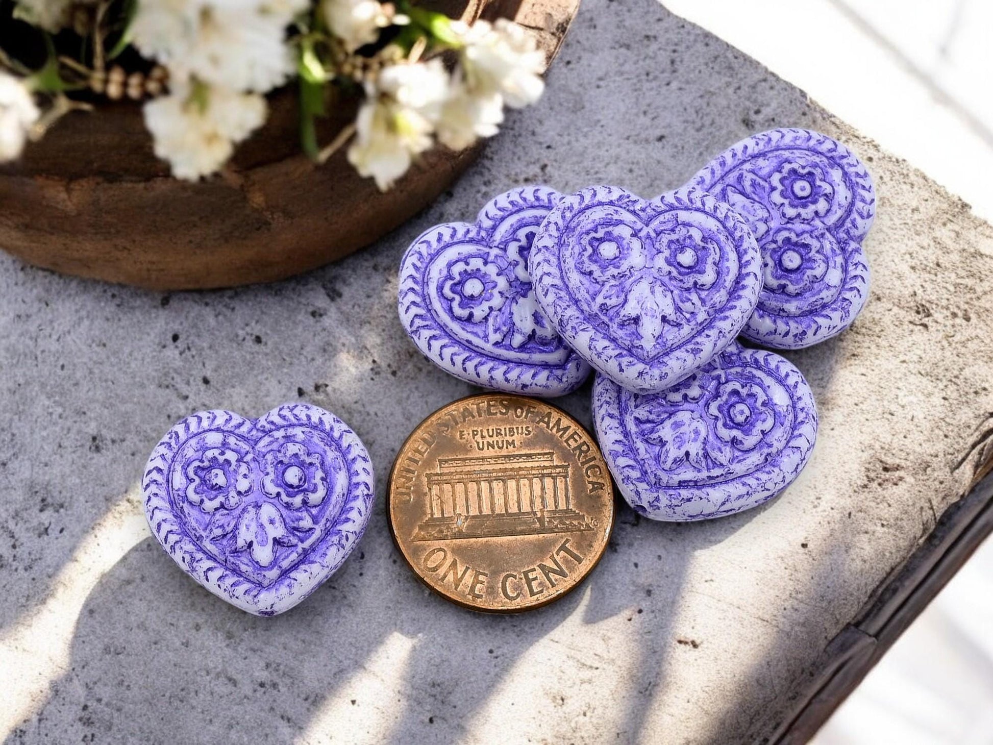 Heart Beads - Czech Glass Beads - Floral Heart Beads - Purple Beads - 17mm - 6pcs - (1205)