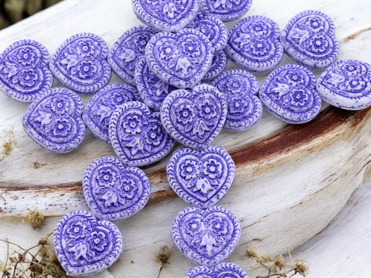 Heart Beads - Czech Glass Beads - Floral Heart Beads - Purple Beads - 17mm - 6pcs - (1205)