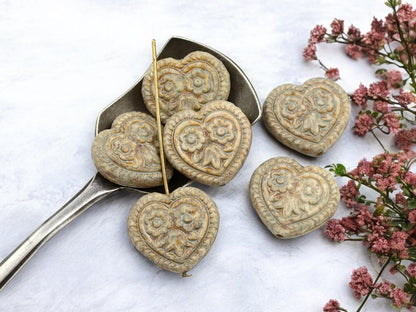 Picasso Beads - Heart Beads - Czech Glass Beads - Gold Beads - Floral Beads - 17mm - 6pcs - (3583)