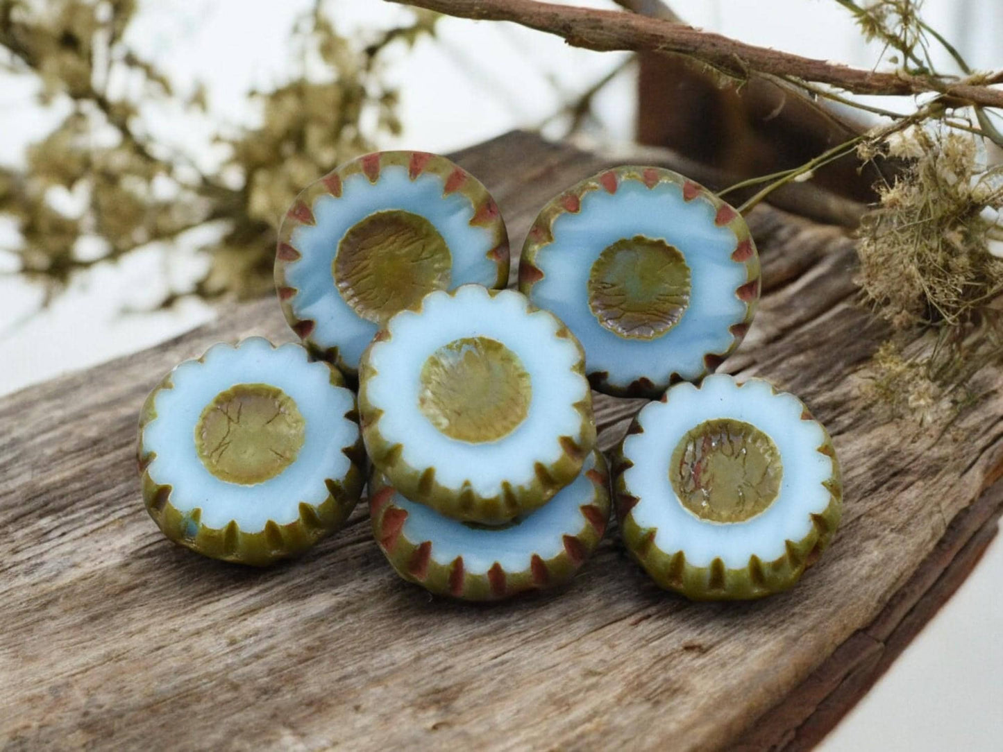 *6* 12mm Robins Egg Blue Picasso Table Cut Daisy Flower Beads