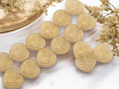 Heart Beads - Czech Glass Beads - Gold Beads - Floral Beads - 17mm - 6pcs - (3189)