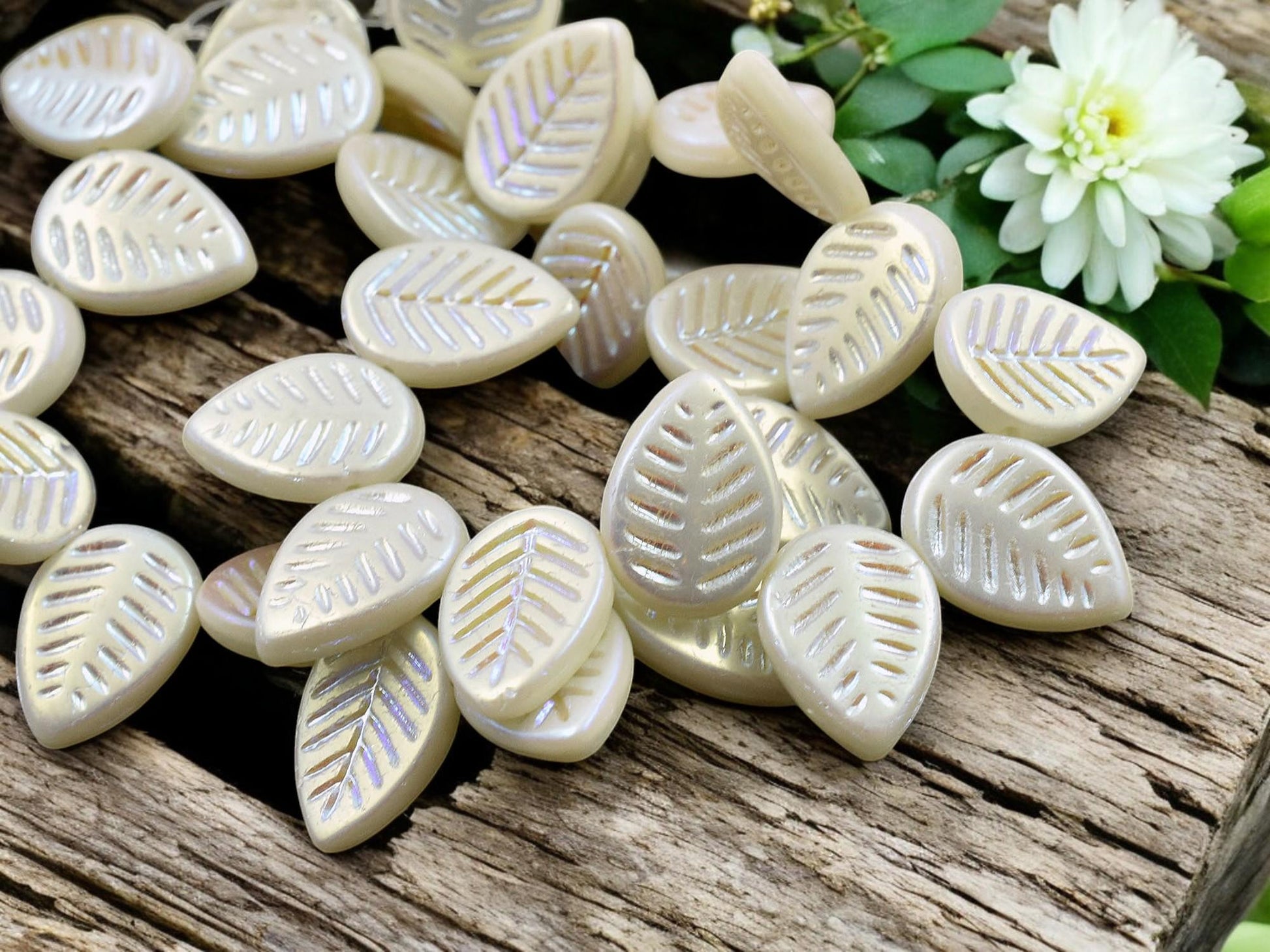 *15* 16x12mm Matte Opaque Alabaster AB Top Drilled Dogwood Leaf Beads