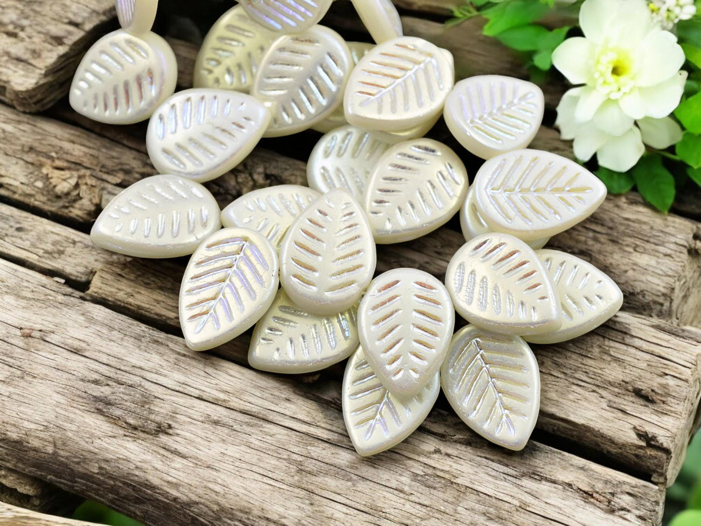 *15* 16x12mm Matte Opaque Alabaster AB Top Drilled Dogwood Leaf Beads