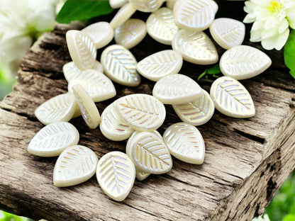*15* 16x12mm Matte Opaque Alabaster AB Top Drilled Dogwood Leaf Beads