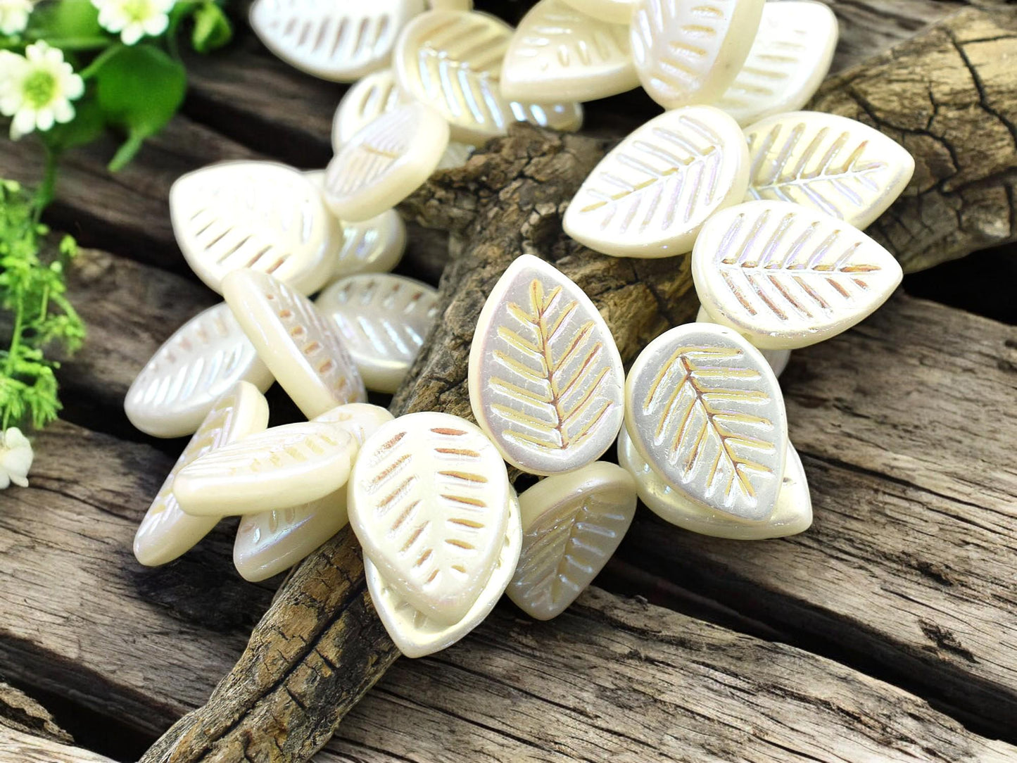 *15* 16x12mm Matte Opaque Alabaster AB Top Drilled Dogwood Leaf Beads