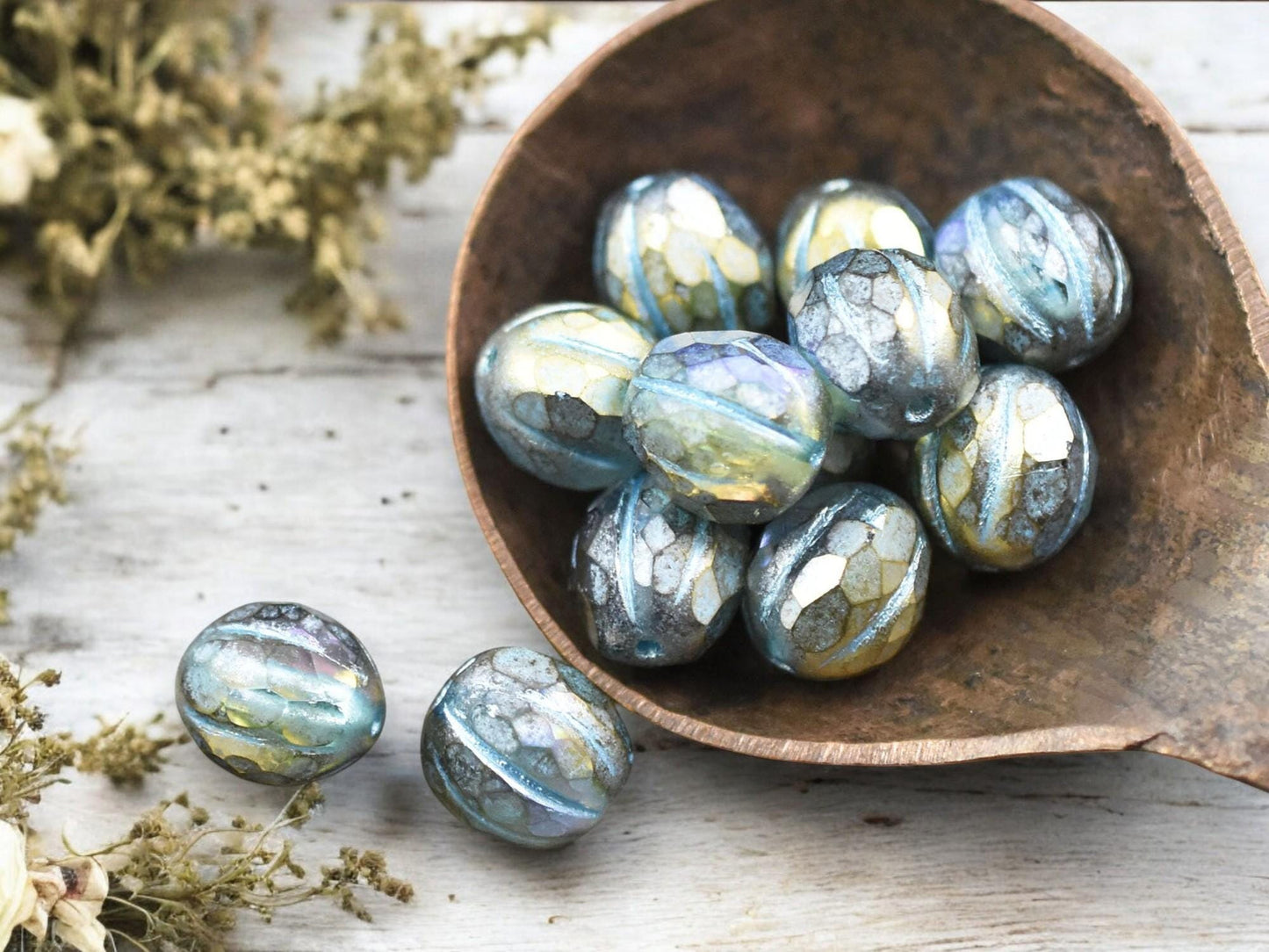 *12* 10mm Turquoise Washed Gold Lustered Crystal Faceted Round Melon Beads