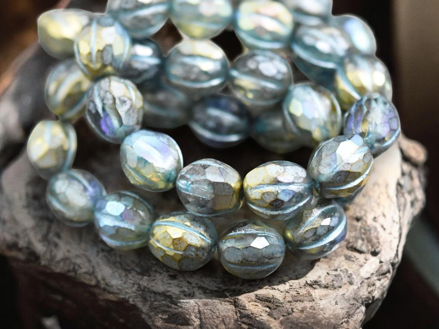 *12* 10mm Turquoise Washed Gold Lustered Crystal Faceted Round Melon Beads