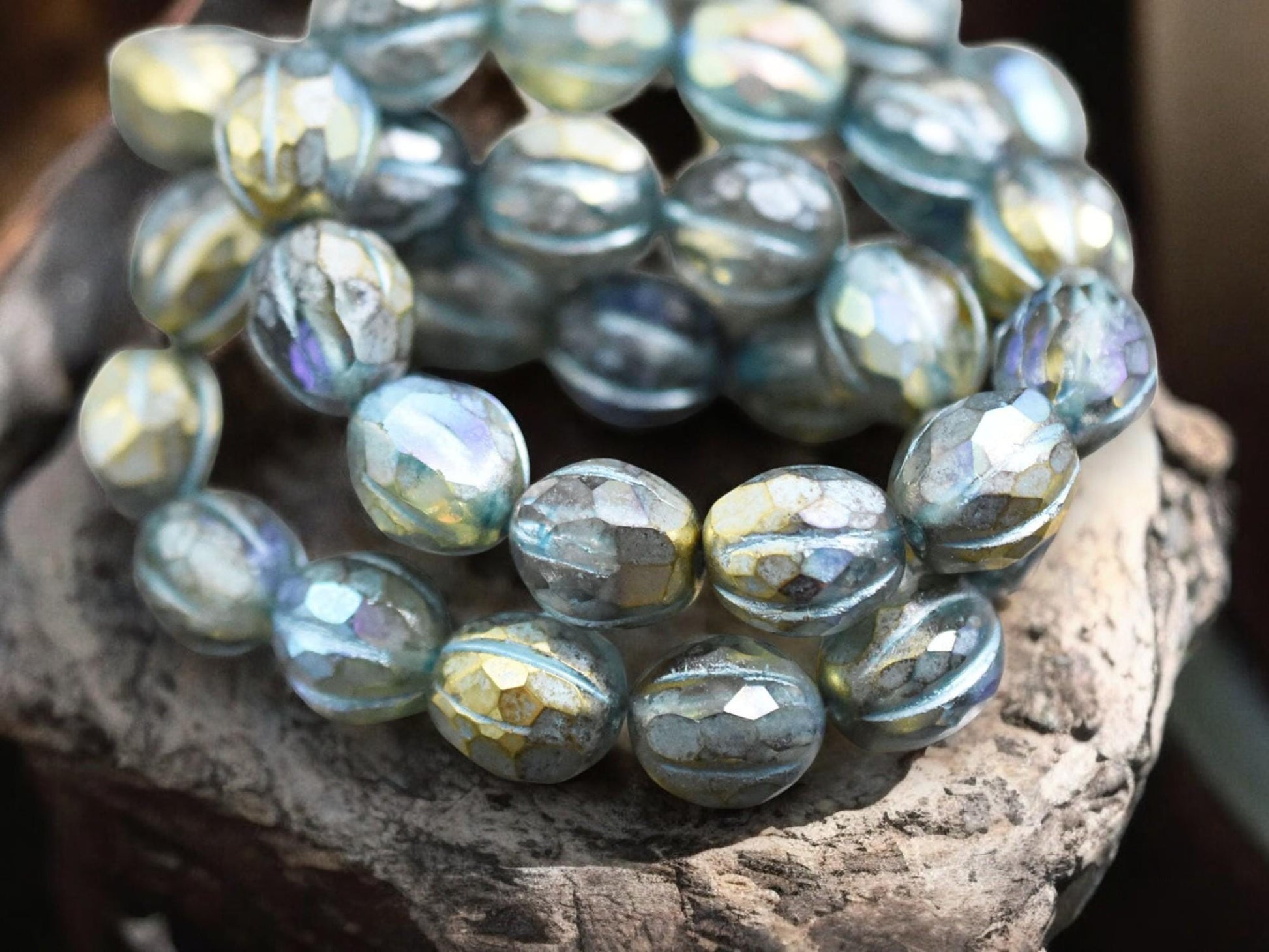 *12* 10mm Turquoise Washed Gold Lustered Crystal Faceted Round Melon Beads