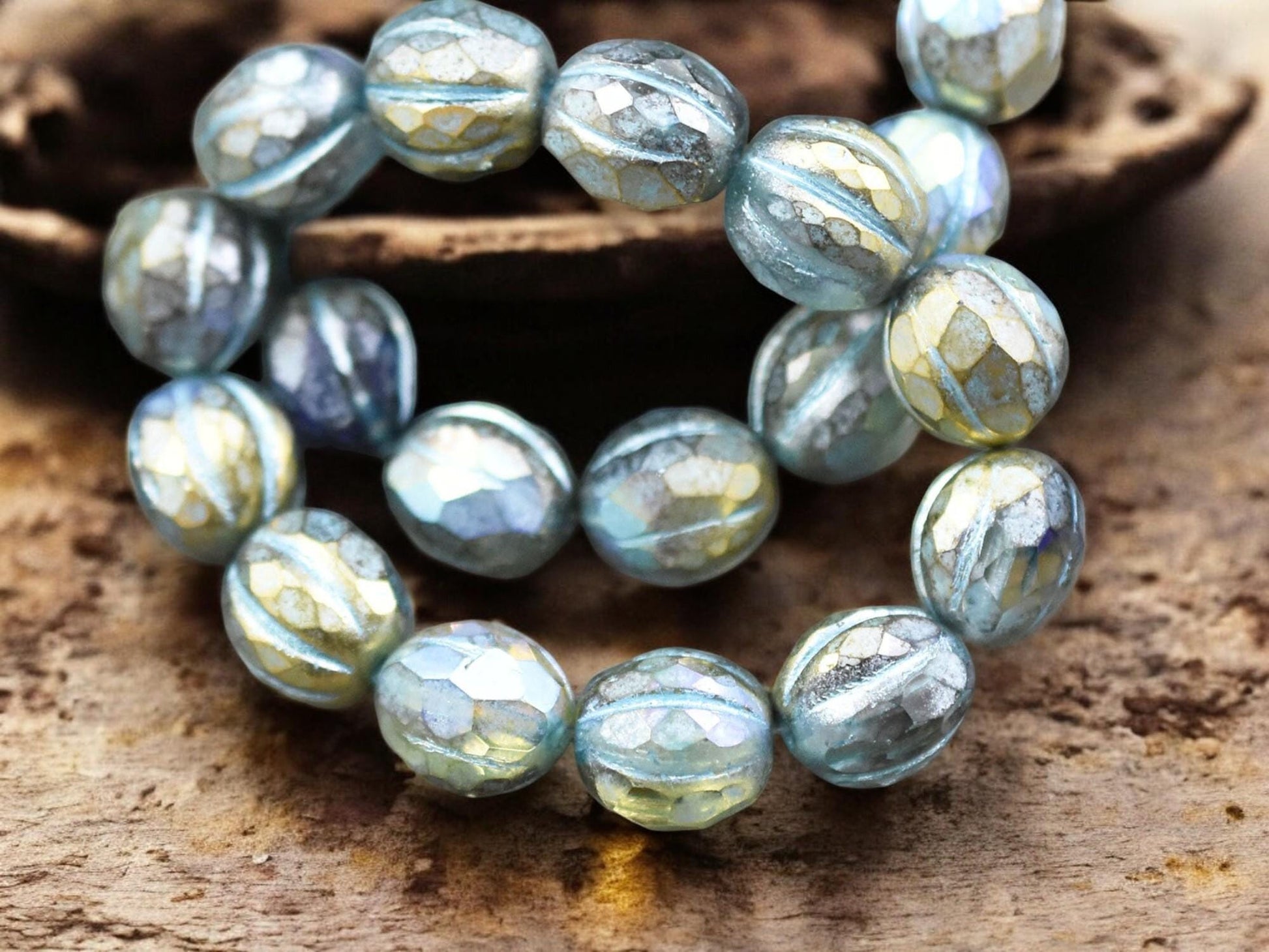 *12* 10mm Turquoise Washed Gold Lustered Crystal Faceted Round Melon Beads