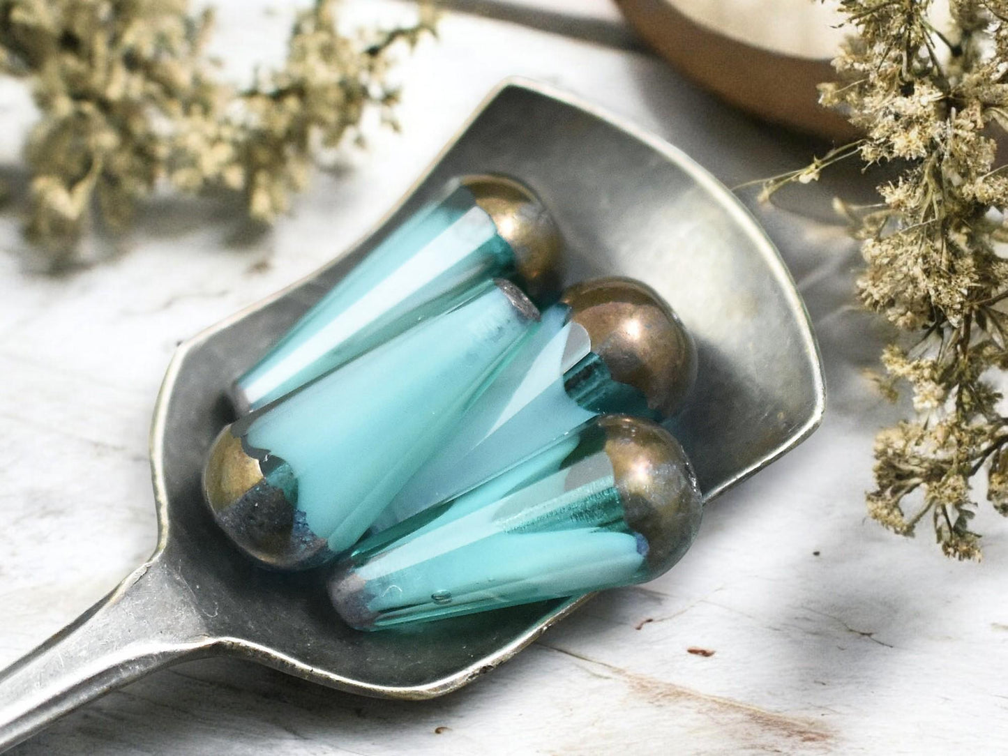 *6* 8x20mm Bronze Tipped Aqua Cloud Faceted Drop Beads