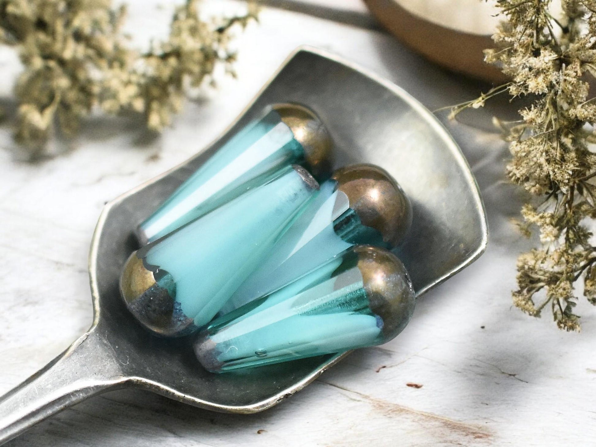 *6* 8x20mm Bronze Tipped Aqua Cloud Faceted Drop Beads