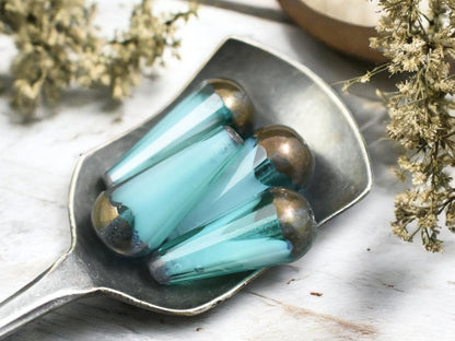 *6* 8x20mm Bronze Tipped Aqua Cloud Faceted Drop Beads