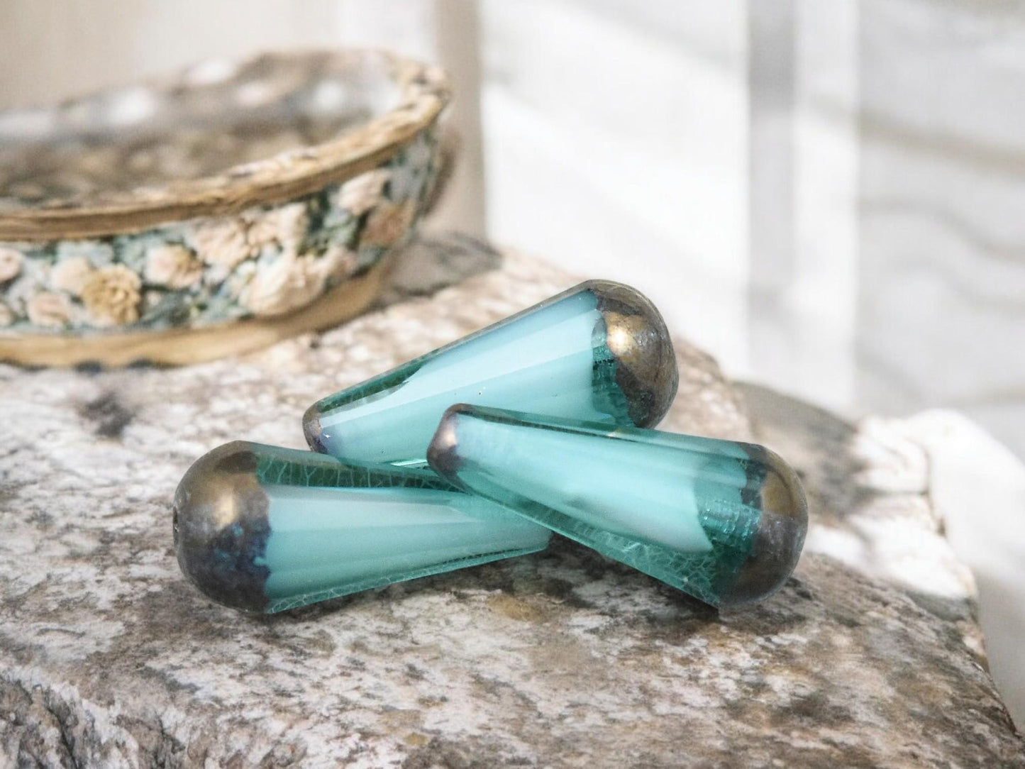 *6* 8x20mm Bronze Tipped Aqua Cloud Faceted Drop Beads