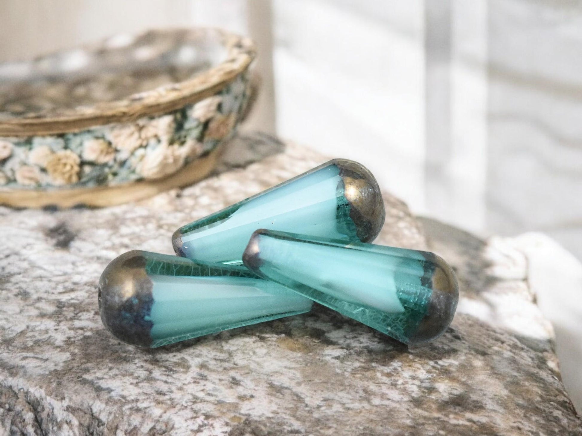 *6* 8x20mm Bronze Tipped Aqua Cloud Faceted Drop Beads