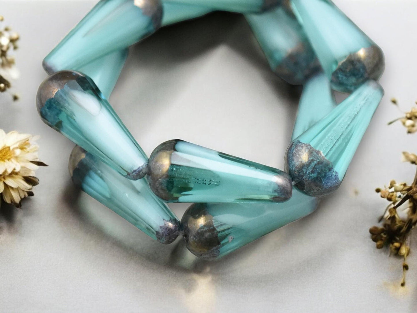*6* 8x20mm Bronze Tipped Aqua Cloud Faceted Drop Beads