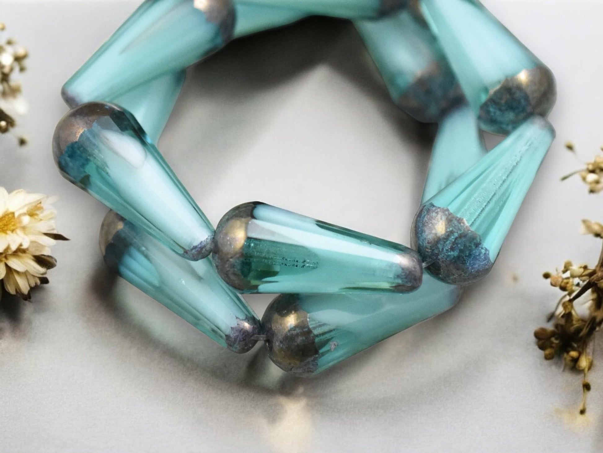 *6* 8x20mm Bronze Tipped Aqua Cloud Faceted Drop Beads