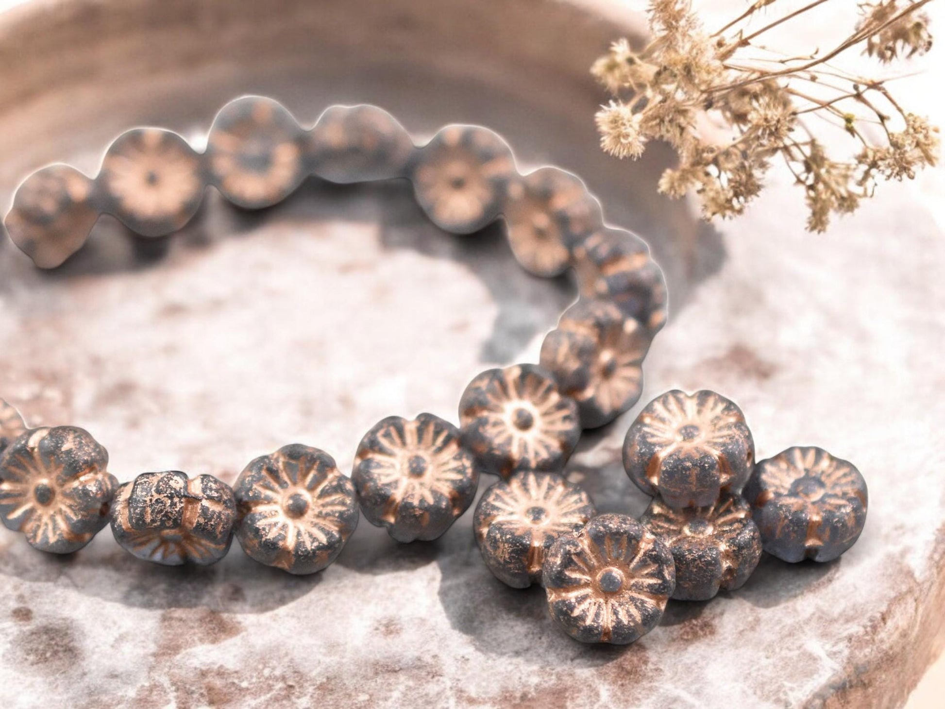 *16* 9mm Copper Washed Etched Translucent Grey Hawaiian Flower Beads