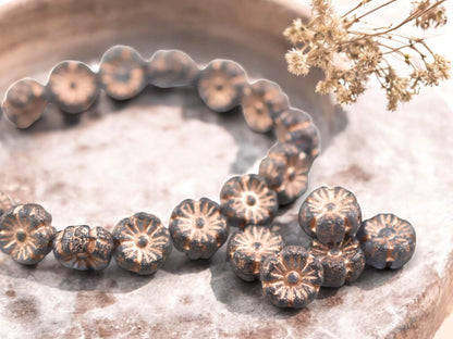 *16* 9mm Copper Washed Etched Translucent Grey Hawaiian Flower Beads