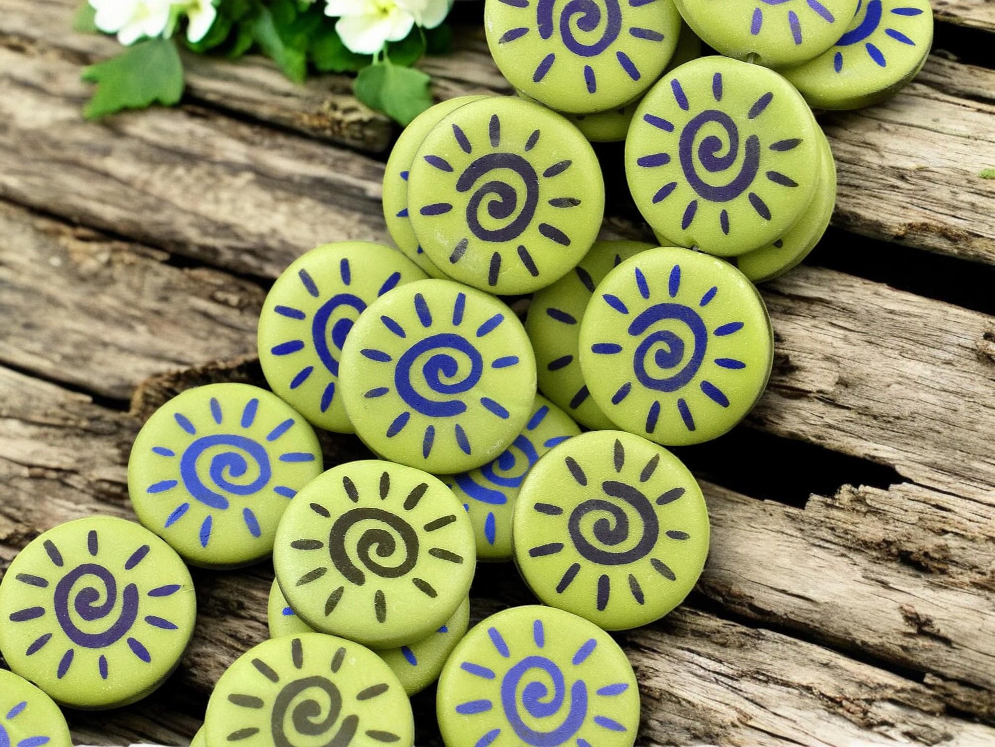 *8* 17mm Opaque Satin Chartreuse Blue Iris Laser Tattoo Sun Coin Beads
