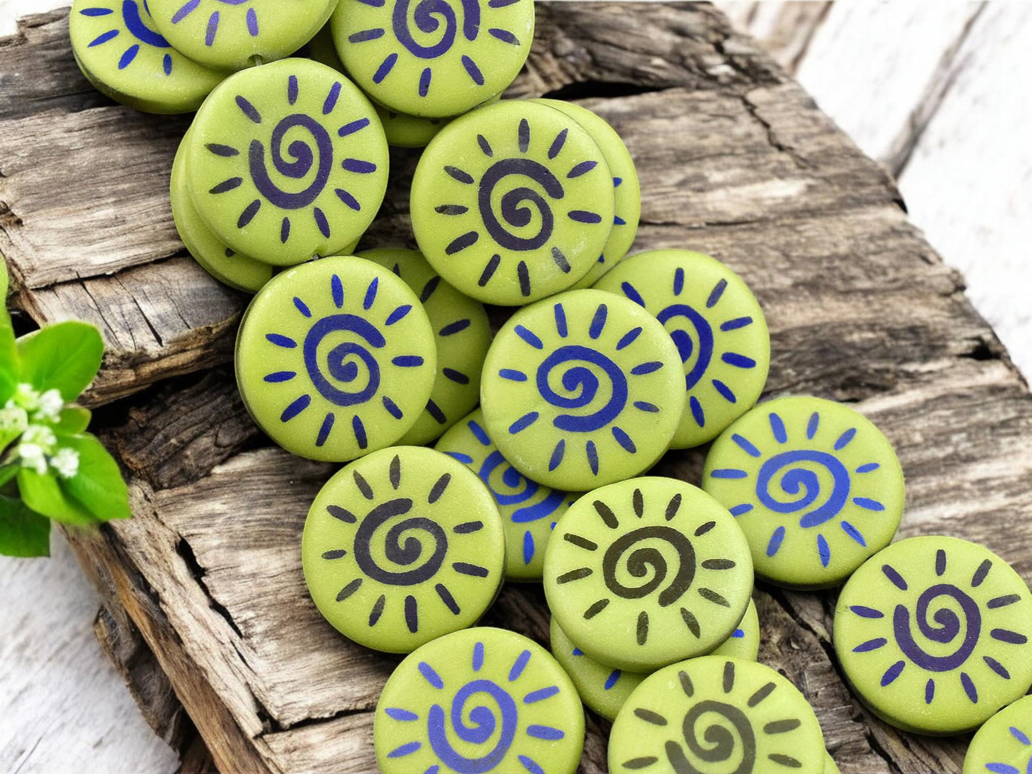 *8* 17mm Opaque Satin Chartreuse Blue Iris Laser Tattoo Sun Coin Beads