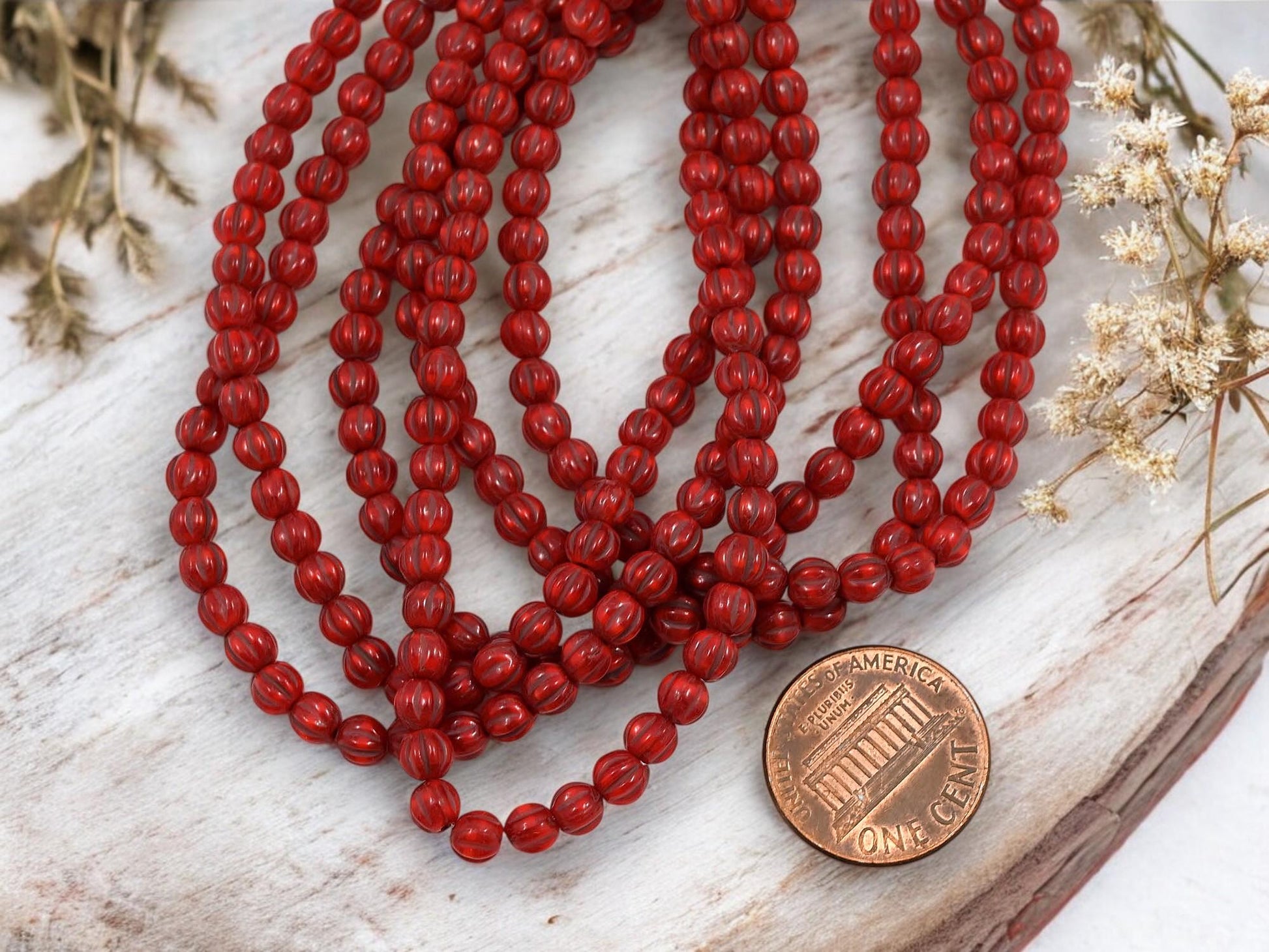 *50* 4mm Brown Washed Ladybug Red Round Melon Beads
